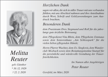 Traueranzeige von Melitta Reuter von FZ