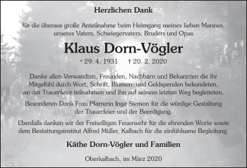 Traueranzeige von Nikolaus (Klaus) Dorn-Vögler von FZ