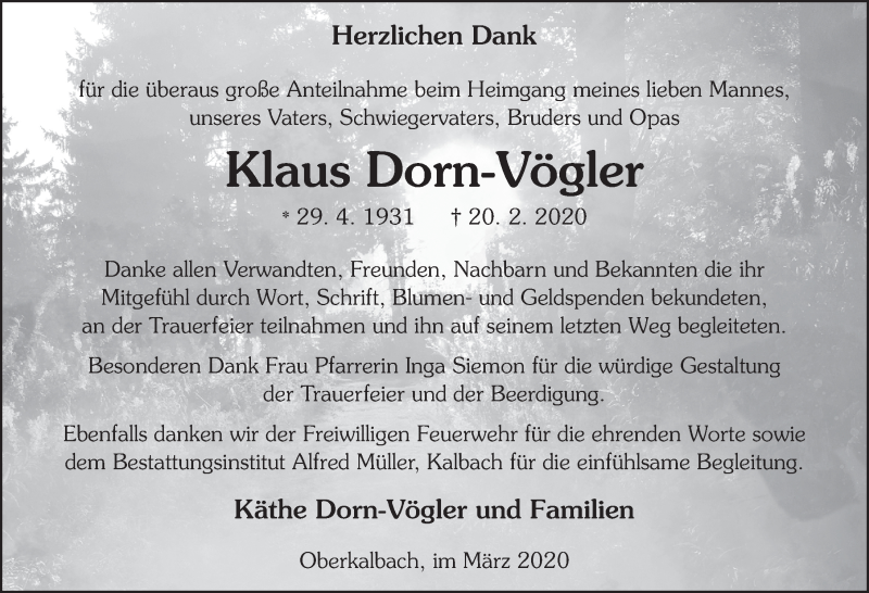  Traueranzeige für Nikolaus (Klaus) Dorn-Vögler vom 20.03.2020 aus FZ