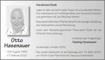 Traueranzeige von Otto Hasenauer von FZ