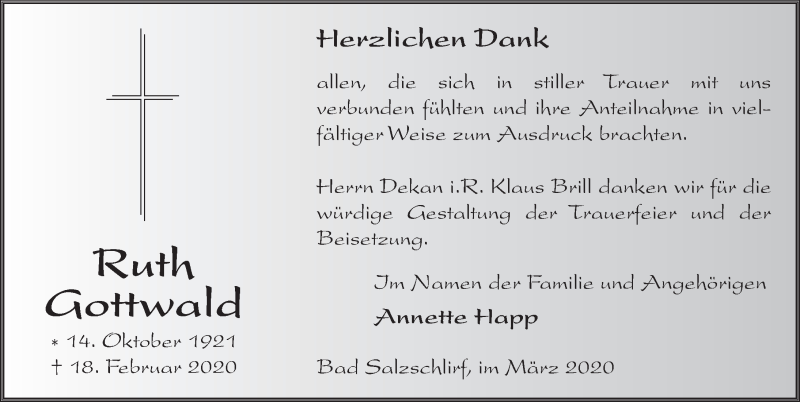  Traueranzeige für Ruth Gottwald vom 13.03.2020 aus FZ