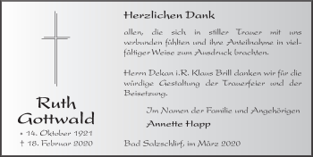 Traueranzeige von Ruth Gottwald von FZ