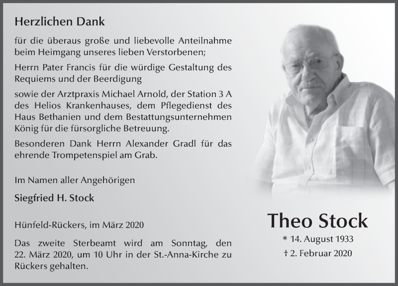  Traueranzeige für Theo Stock vom 13.03.2020 aus FZ