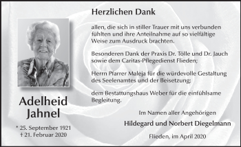 Traueranzeige von Adelheid Jahnel von FZ