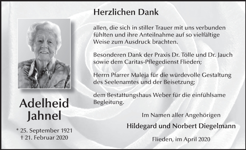  Traueranzeige für Adelheid Jahnel vom 08.04.2020 aus FZ