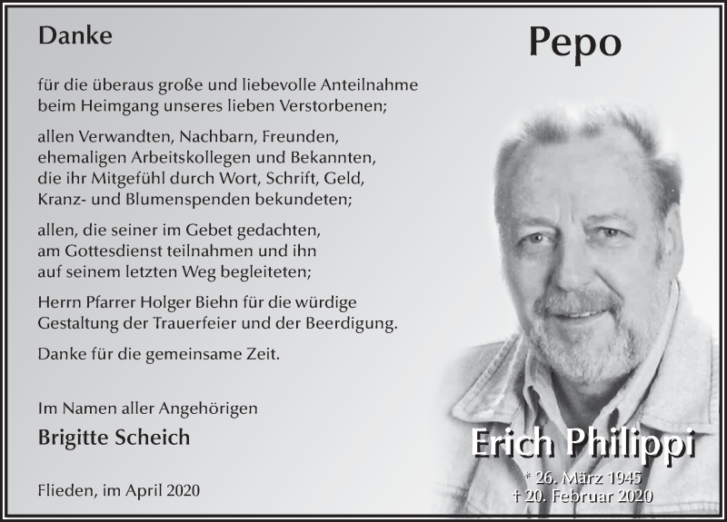  Traueranzeige für Erich Philippi vom 11.04.2020 aus FZ