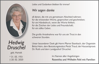 Traueranzeige von Hedwig Druschel von FZ