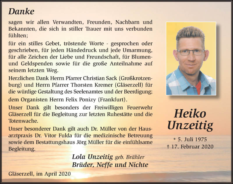  Traueranzeige für Heiko Unzeitig vom 11.04.2020 aus FZ