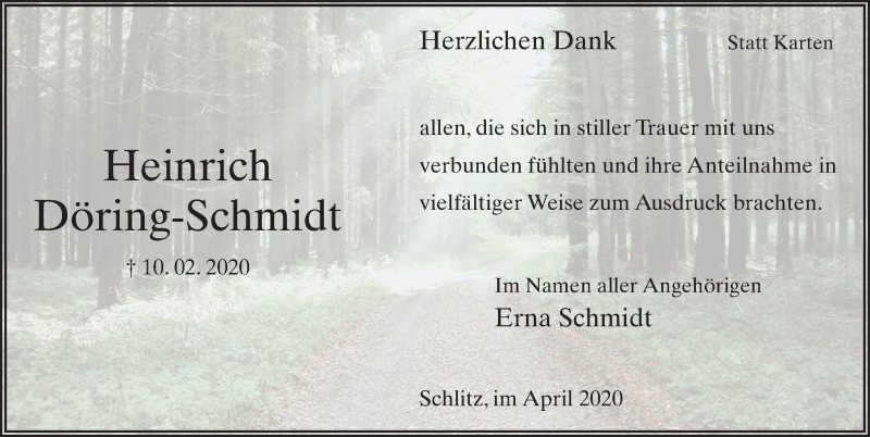  Traueranzeige für Heinrich Döring-Schmidt vom 09.04.2020 aus FZ