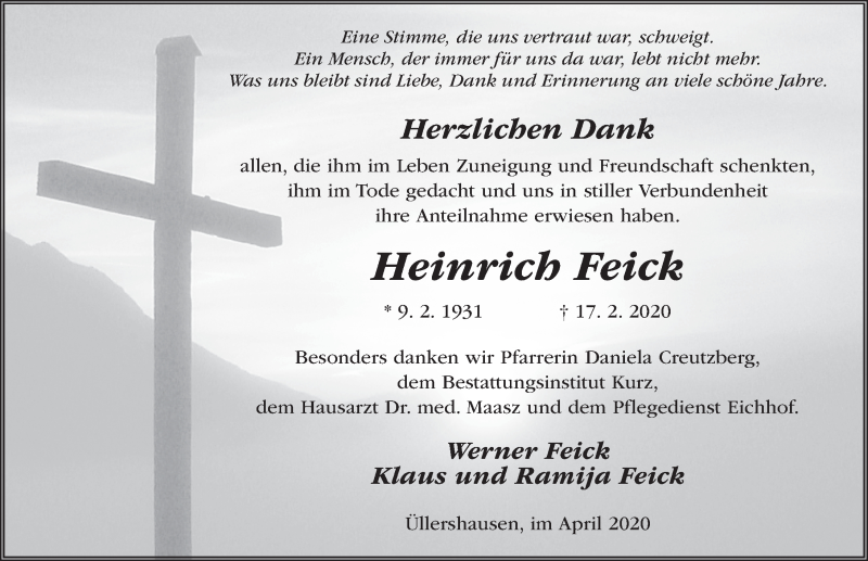  Traueranzeige für Heinrich Feick vom 04.04.2020 aus FZ