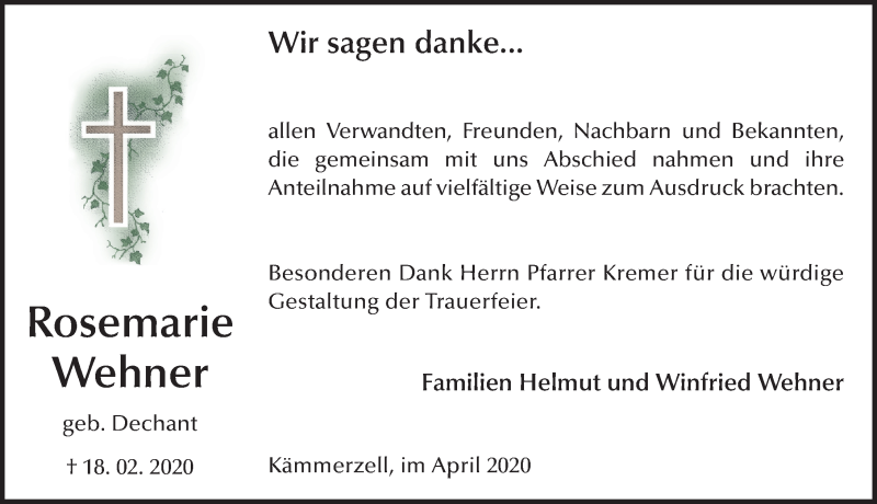  Traueranzeige für Rosemarie Wehner vom 16.04.2020 aus FZ