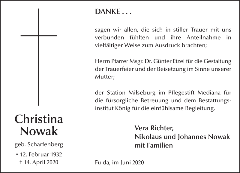  Traueranzeige für Christina Nowak vom 27.06.2020 aus FZ