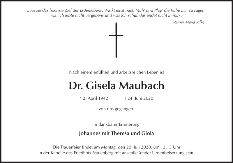  Traueranzeige für Gisela Maubach vom 15.07.2020 aus FZ