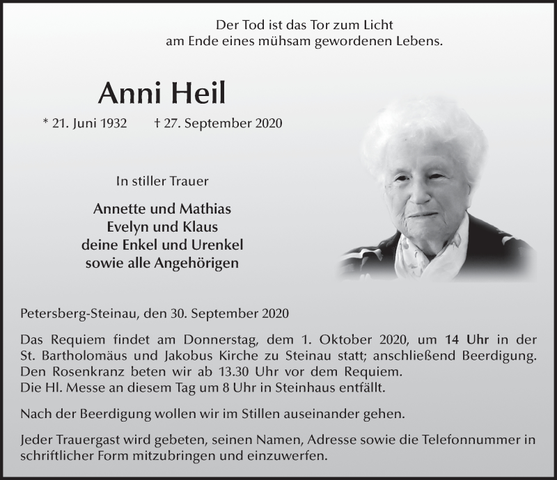  Traueranzeige für Anni Heil vom 30.09.2020 aus FZ