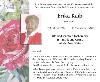 Traueranzeige von Erika Kaib von FZ