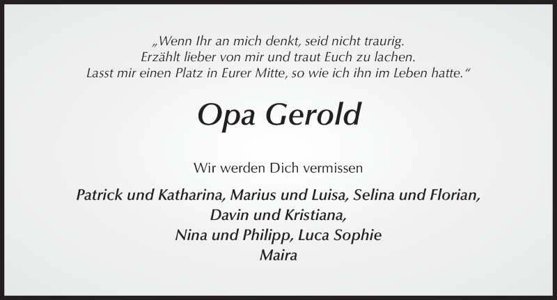  Traueranzeige für Gerold Braun vom 14.09.2020 aus FZ
