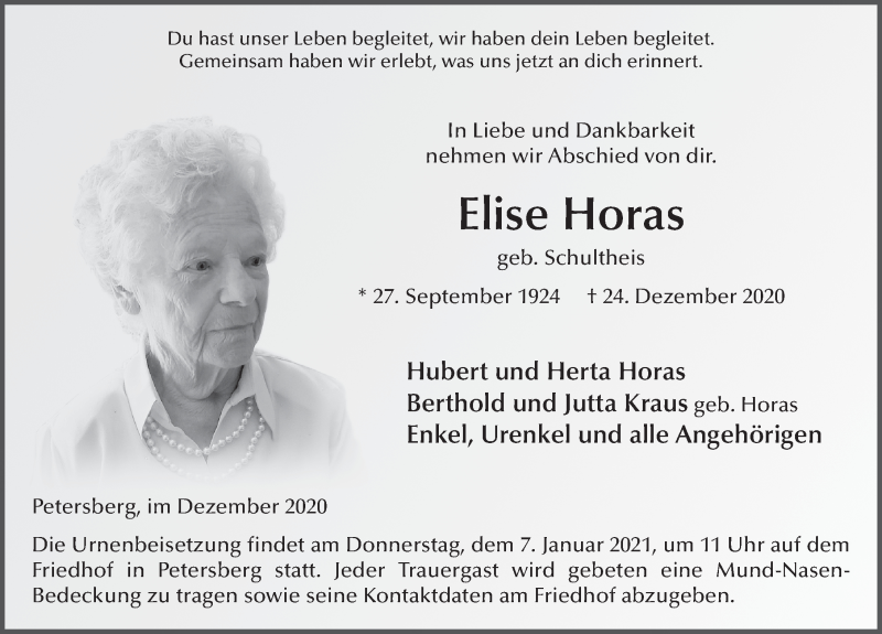  Traueranzeige für Elise Horas vom 31.12.2020 aus FZ
