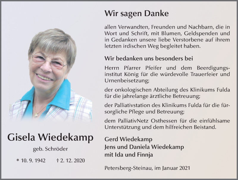  Traueranzeige für Gisela Wiedekamp vom 04.01.2021 aus FZ
