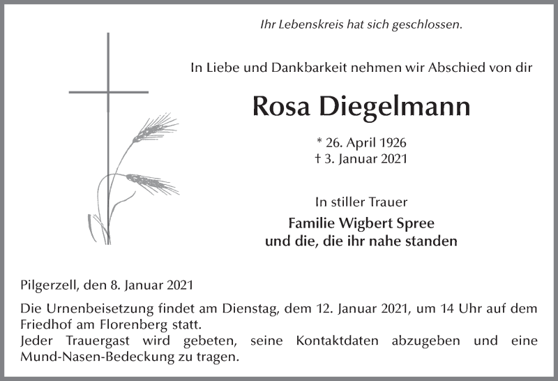  Traueranzeige für Rosa Diegelmann vom 08.01.2021 aus FZ