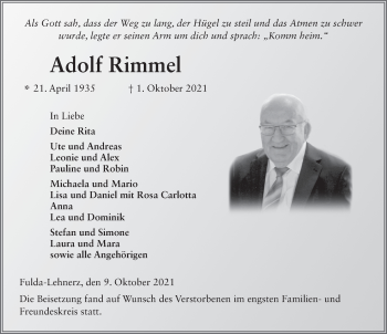 Traueranzeige von Adolf Rimmel von FZ