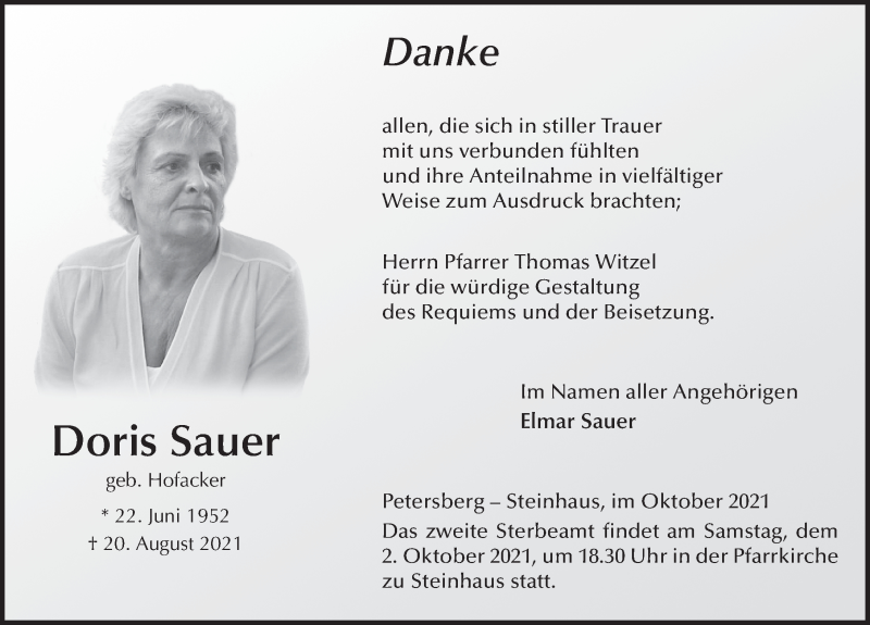  Traueranzeige für Doris Sauer vom 01.10.2021 aus FZ