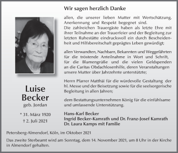 Traueranzeige von Luise Becker von FZ