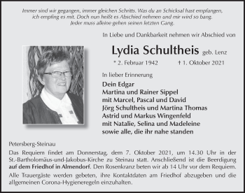 Traueranzeige von Lydia Schultheis von FZ