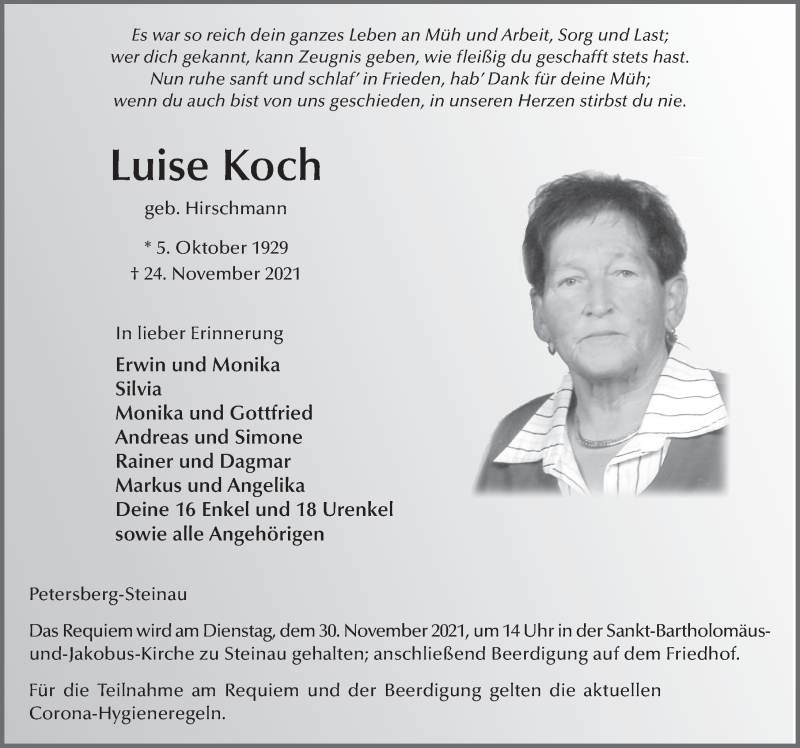  Traueranzeige für Luise Koch vom 27.11.2021 aus FZ