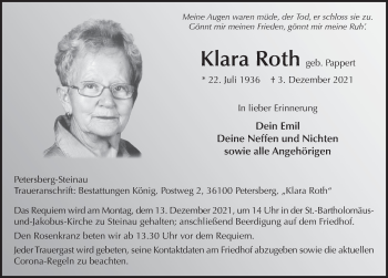 Traueranzeige von Klara Roth von FZ