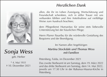 Traueranzeige von Sonja Wess von FZ