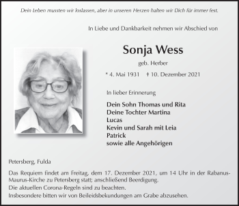Traueranzeige von Sonja Wess von FZ