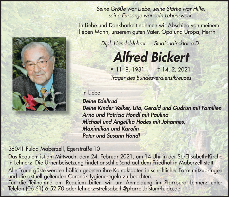  Traueranzeige für Alfred Bickert vom 20.02.2021 aus FZ