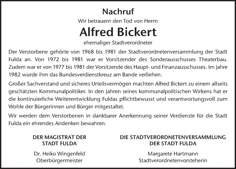  Traueranzeige für Alfred Bickert vom 25.02.2021 aus FZ