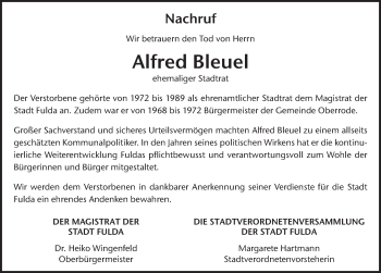 Traueranzeige von Alfred Bleuel von FZ