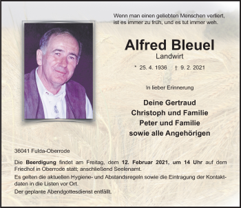 Traueranzeige von Alfred Bleuel von FZ