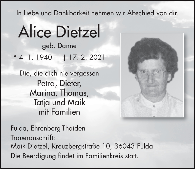  Traueranzeige für Alice Dietzel vom 19.02.2021 aus FZ
