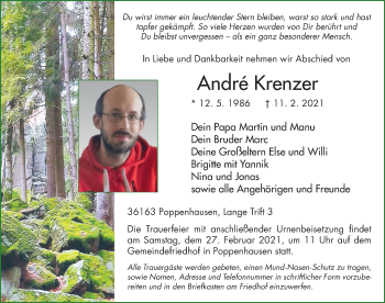 Traueranzeige von Andre Krenzer von FZ