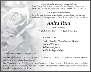 Traueranzeige von Anita Paul von FZ