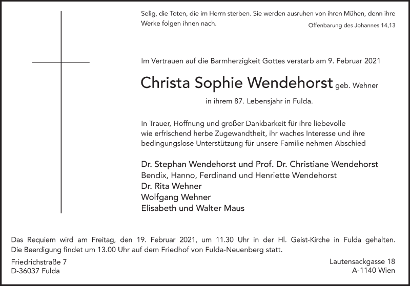  Traueranzeige für Christa Sophie Wendehorst vom 13.02.2021 aus FZ