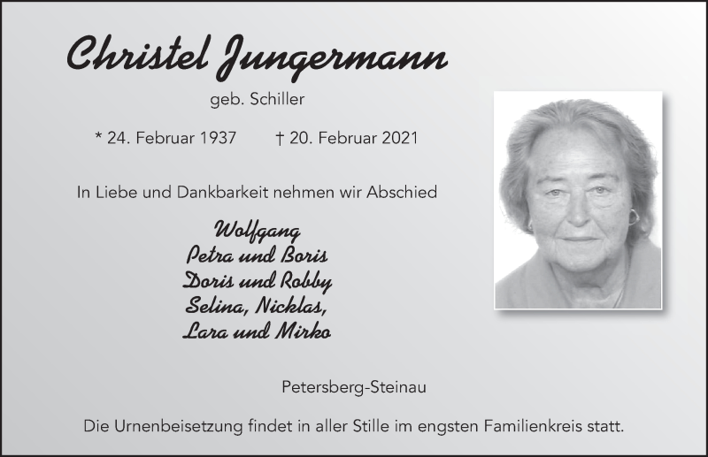  Traueranzeige für Christel Jungermann vom 25.02.2021 aus FZ