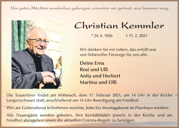 Traueranzeige von Christian Kemmler von FZ