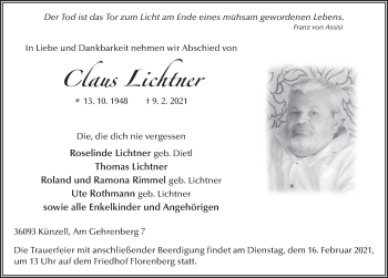 Traueranzeige von Claus Lichtner von FZ