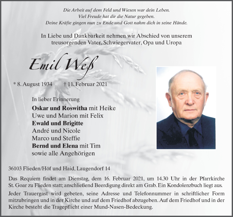  Traueranzeige für Emil Weß vom 13.02.2021 aus FZ