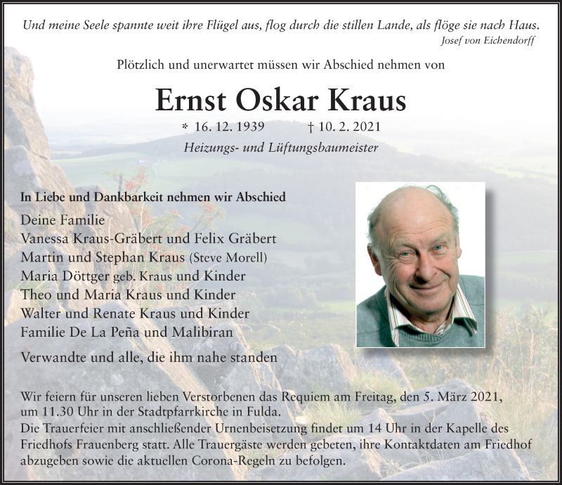  Traueranzeige für Ernst Oskar Kraus vom 20.02.2021 aus FZ