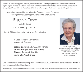 Traueranzeige von Eugenie Trost von FZ