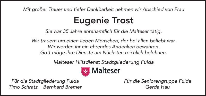  Traueranzeige für Eugenie Trost vom 18.02.2021 aus FZ
