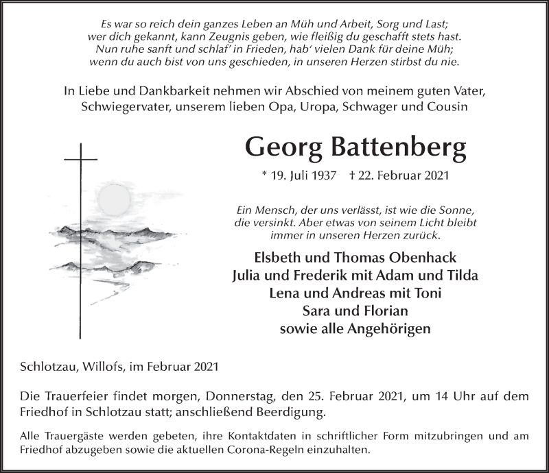  Traueranzeige für Georg Battenberg vom 24.02.2021 aus FZ