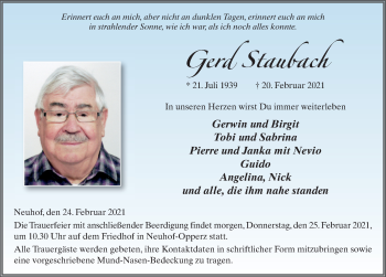 Traueranzeige von Gerd Staubach von FZ