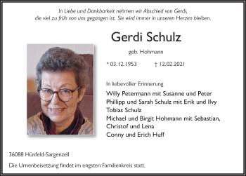 Traueranzeige von Gerdi Schulz von FZ