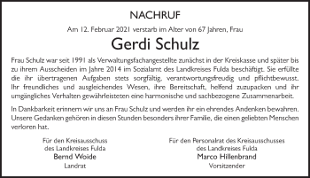Traueranzeige von Gerdi Schulz von FZ